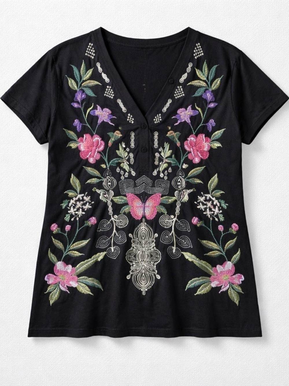 Johnny Was Black V-Neck Tee with Pink & Purple Floral Butterfly Embroidery